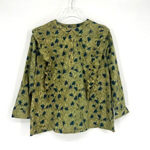 Fabindia‎ Top Womens XL Green Floral Lightweight Cotton Boho Tropical Hawaiian